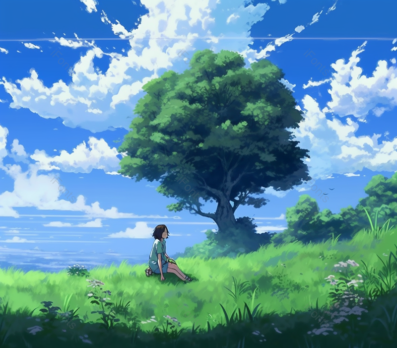 绿色手绘大树下坐着的少女设计背景,插画/手绘图,插画/手绘图库,插画/手绘图下载,插画/手绘